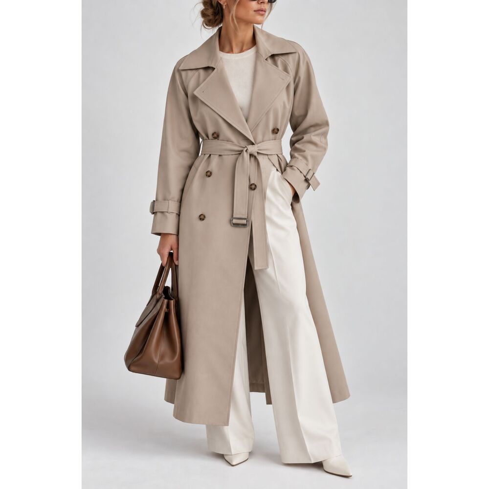 Oak + Fort Women’s L Beige Double Breasted Trench Coat Belted Long Jacket